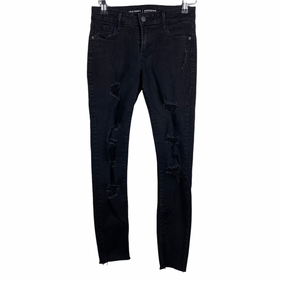 Old Navy Rockstar Distressed Raw Hem Skinny Jeans Women's 2 Black Mid Rise - Picture 1 of 9